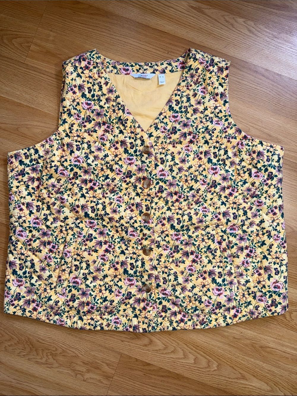 Denim&Co Floral Quilted Button-Front Vest Yellow Size XL Coastal Grandma Cotton